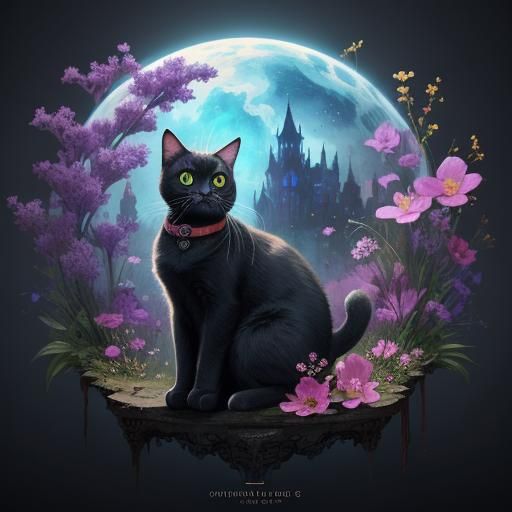 Vibrant Fantasy Feline Amidst Enchanted Blooms
