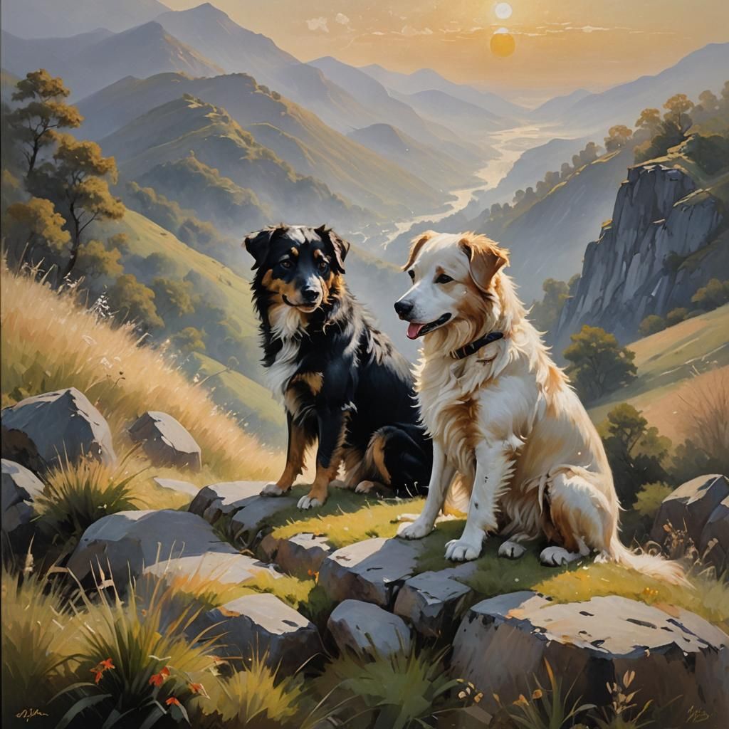 Ying and yang in the form of dogs oil painting by James Gurney