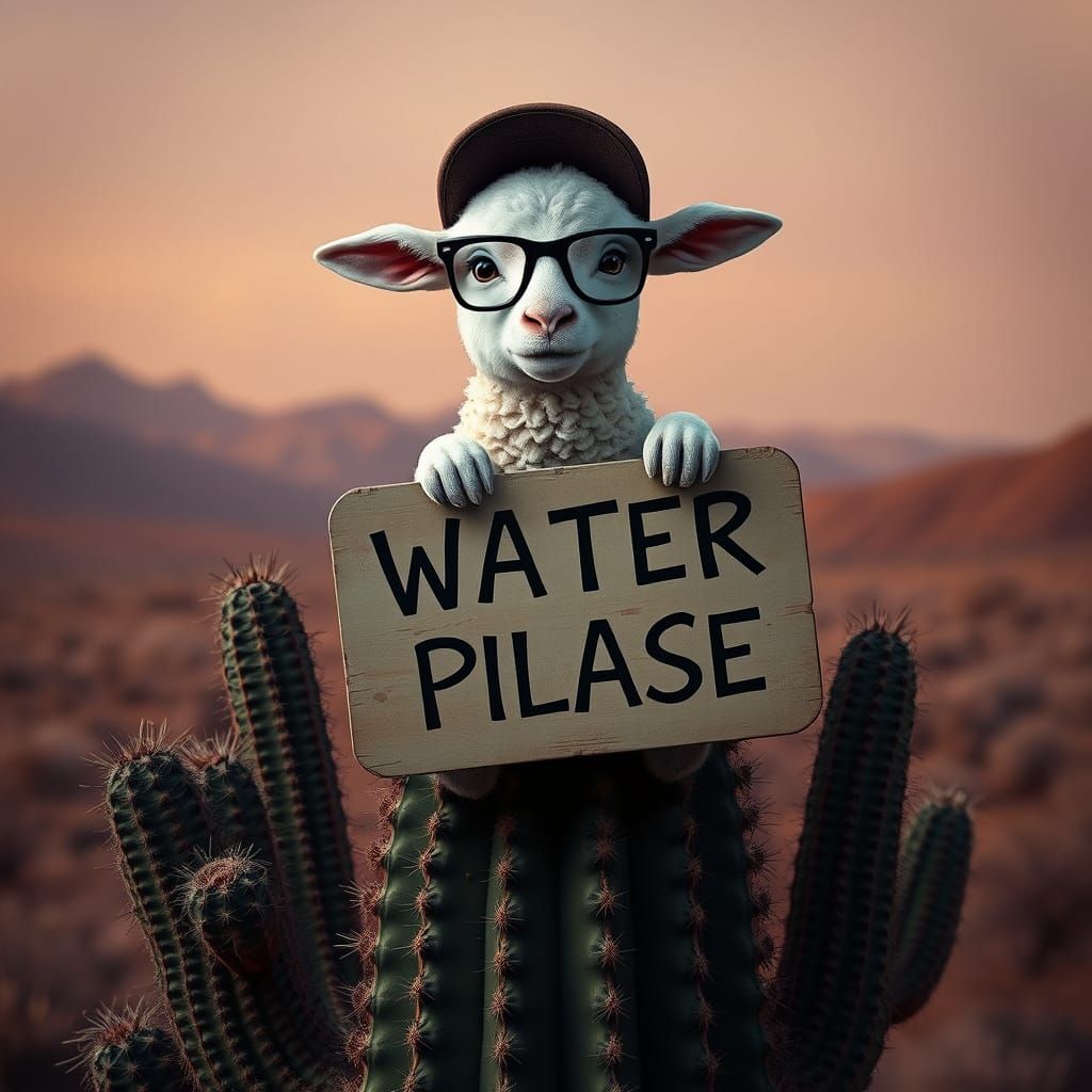 Lamb's Desert Plea: Hyperrealistic Cactus Perch