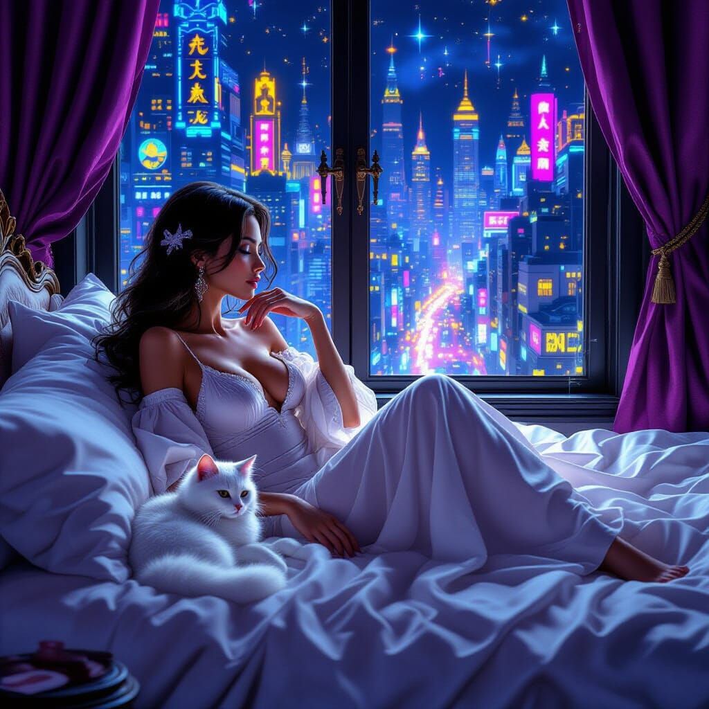 Dreamscape: Woman with Cat in Dark Fantasy Art Style