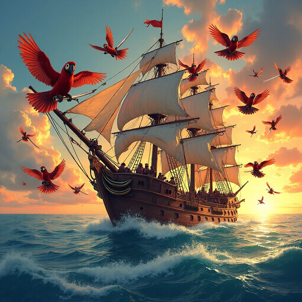 Pirate Parrots Swarm Spanish Galleon in Comic Book Style