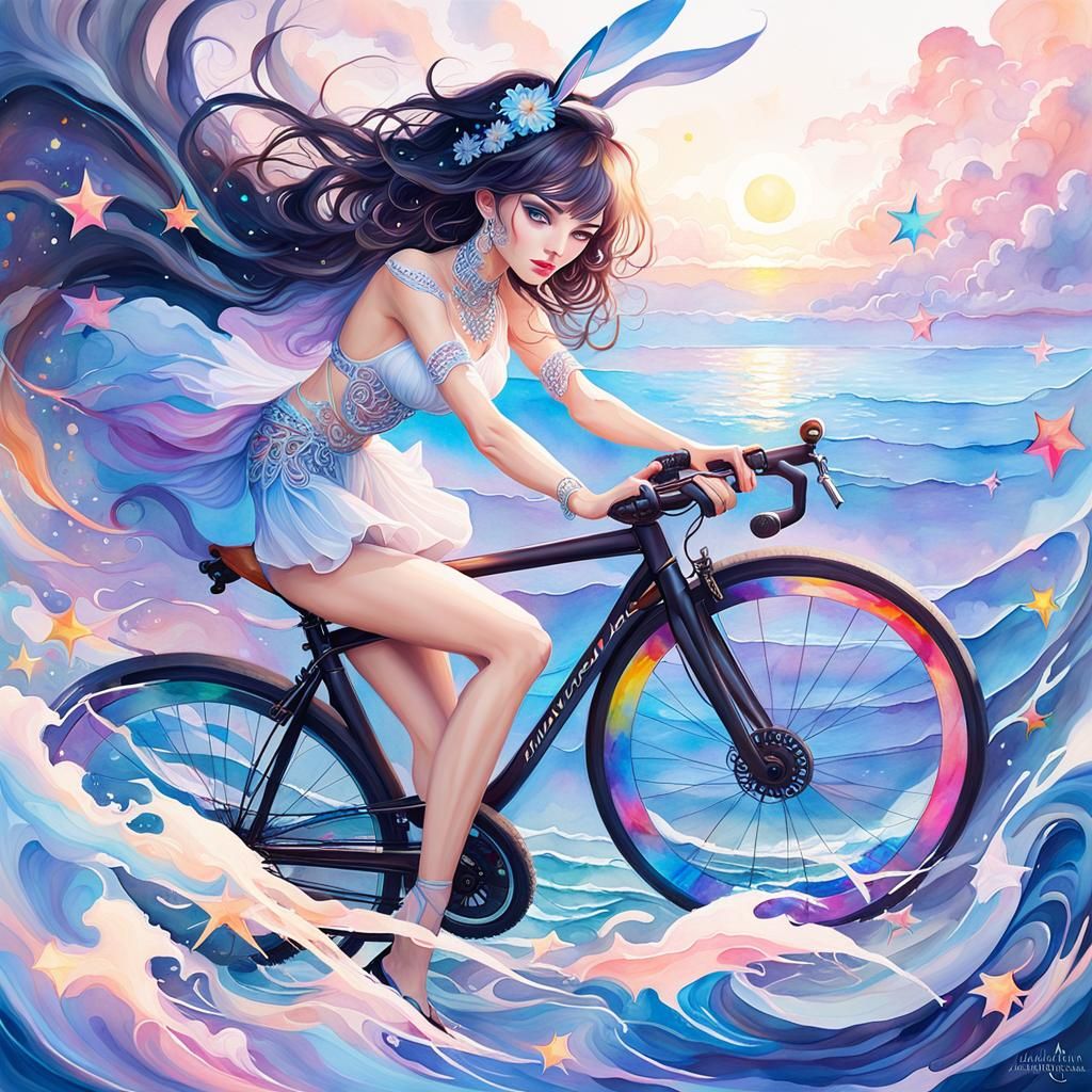 Girl with Bunny Ears Rides Bike in Watercolor Style