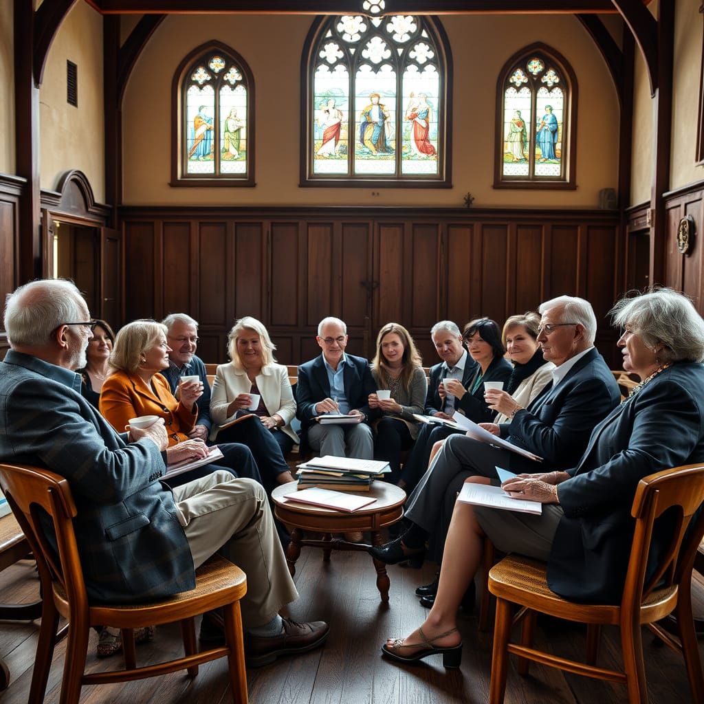 A group of men and women sat round on chairs in a church hall, drinking coffee and with papers scattered about