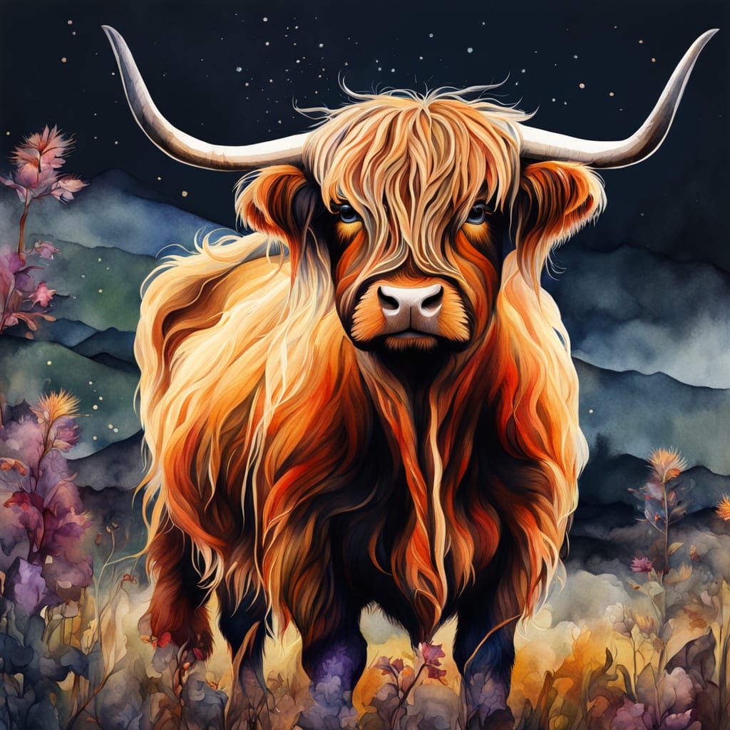 Whimsical Highland Cattle Watercolour Illustration