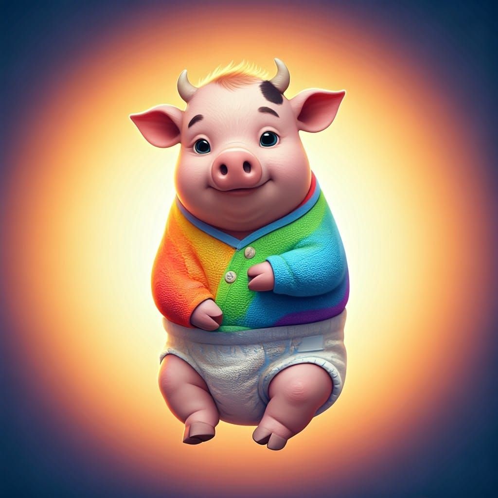 Hybrid Pig and Cow Infant in Rainbow Onesie and Diaper