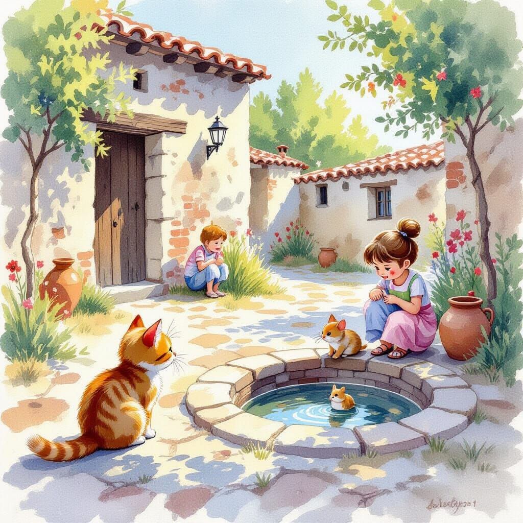 Curious Cat Watching Rodents in Watercolor Style