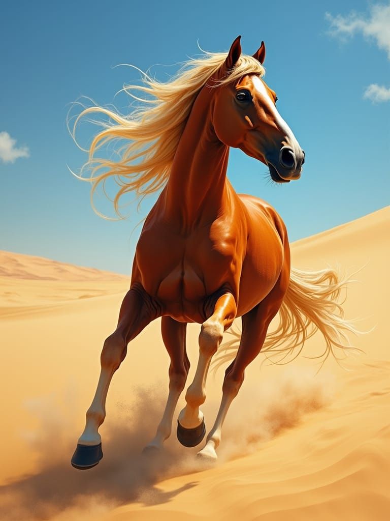 Gleaming Arabian Stallion Gallops Through Endless Golden Dun...