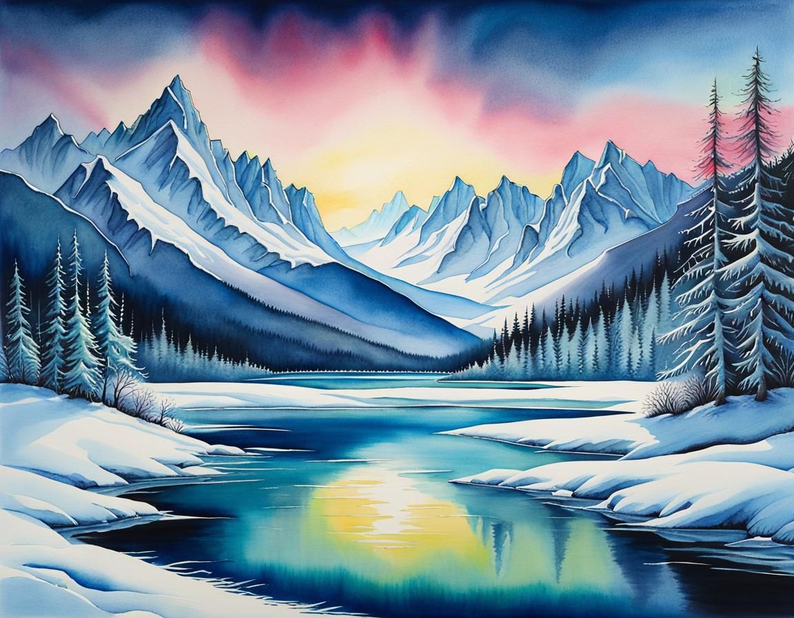 Icy Winter Mountain Landscape in Watercolor