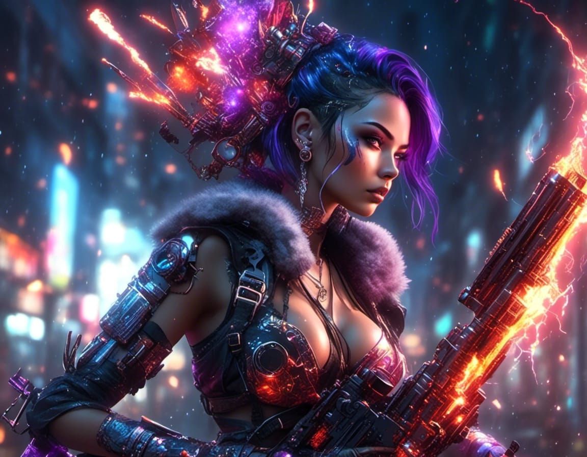 Cyborg Warlock Deity Fires Machine Gun in Dystopian Wastelan...