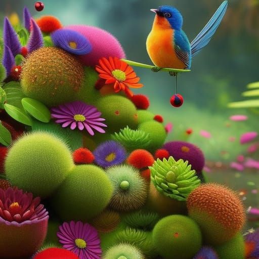 Colorful Parrot with Lush Flowers, Hyperrealistic Style