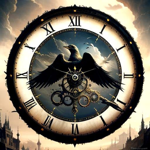 Winged Clock Illustration in Dramatic Digital Style