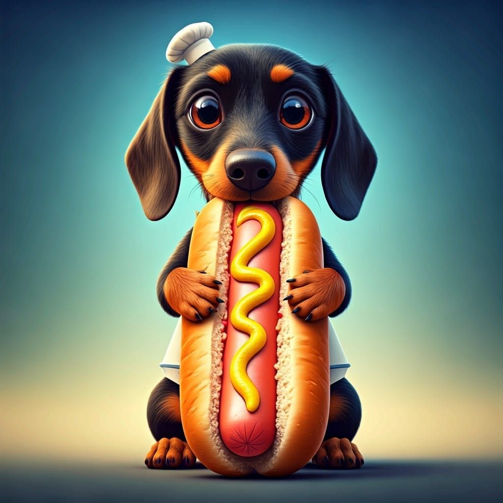 Dachshund Chef Devouring Hot Dog: 3D Digital Art