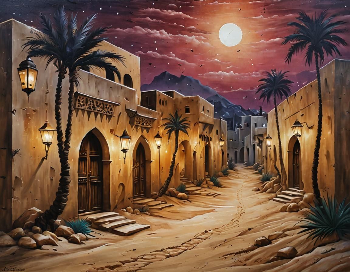 Mysterious Arabian Village Alley at Night