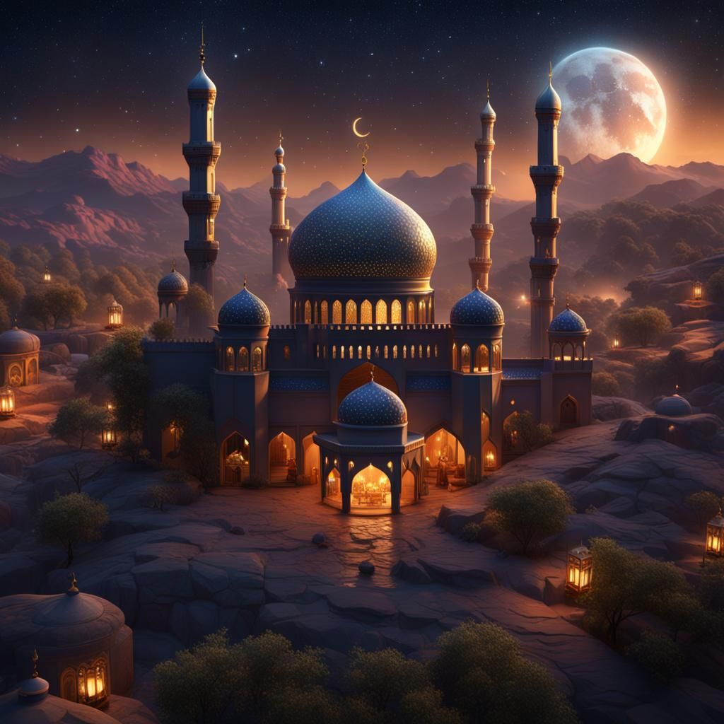 Ramadan Night Sky with Quran, Detailed Matte Painting