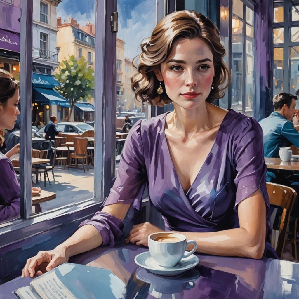 Woman in Purple Dress at Cafe, Oil Painting