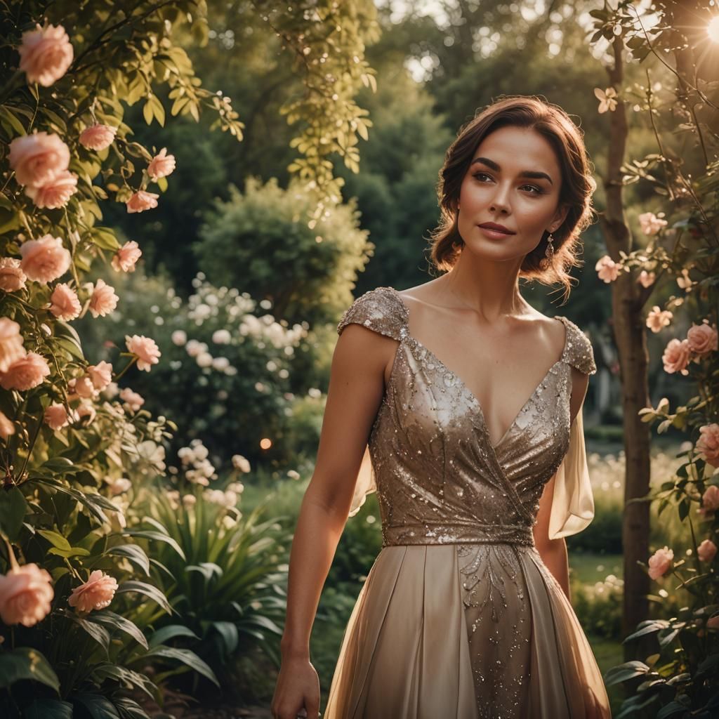 Elegant Woman in Romantic Garden, Cinematic Film Still
