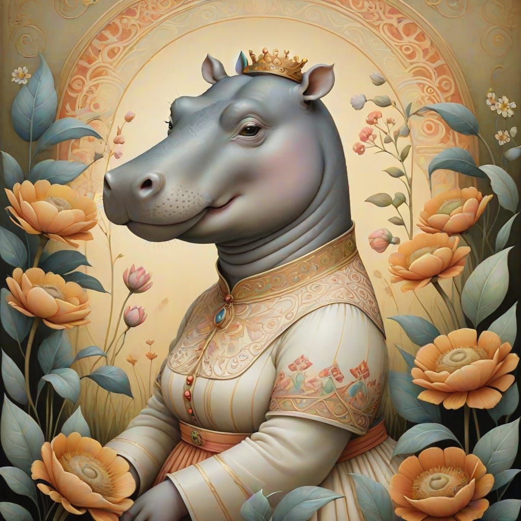 Art Deco Hippo Portrait with Golden Accents