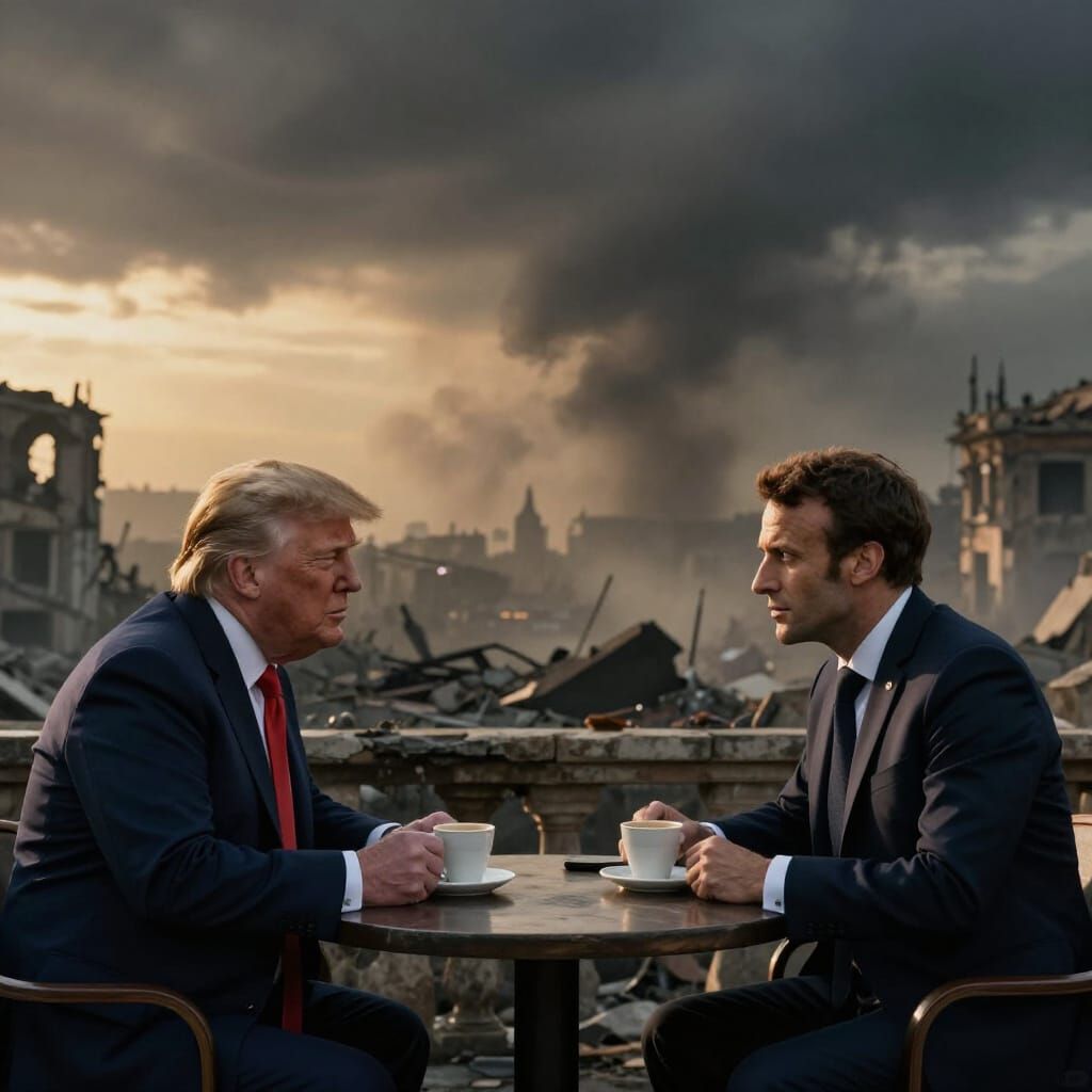 Leaders Share Coffee Amidst War-Torn Cityscapes