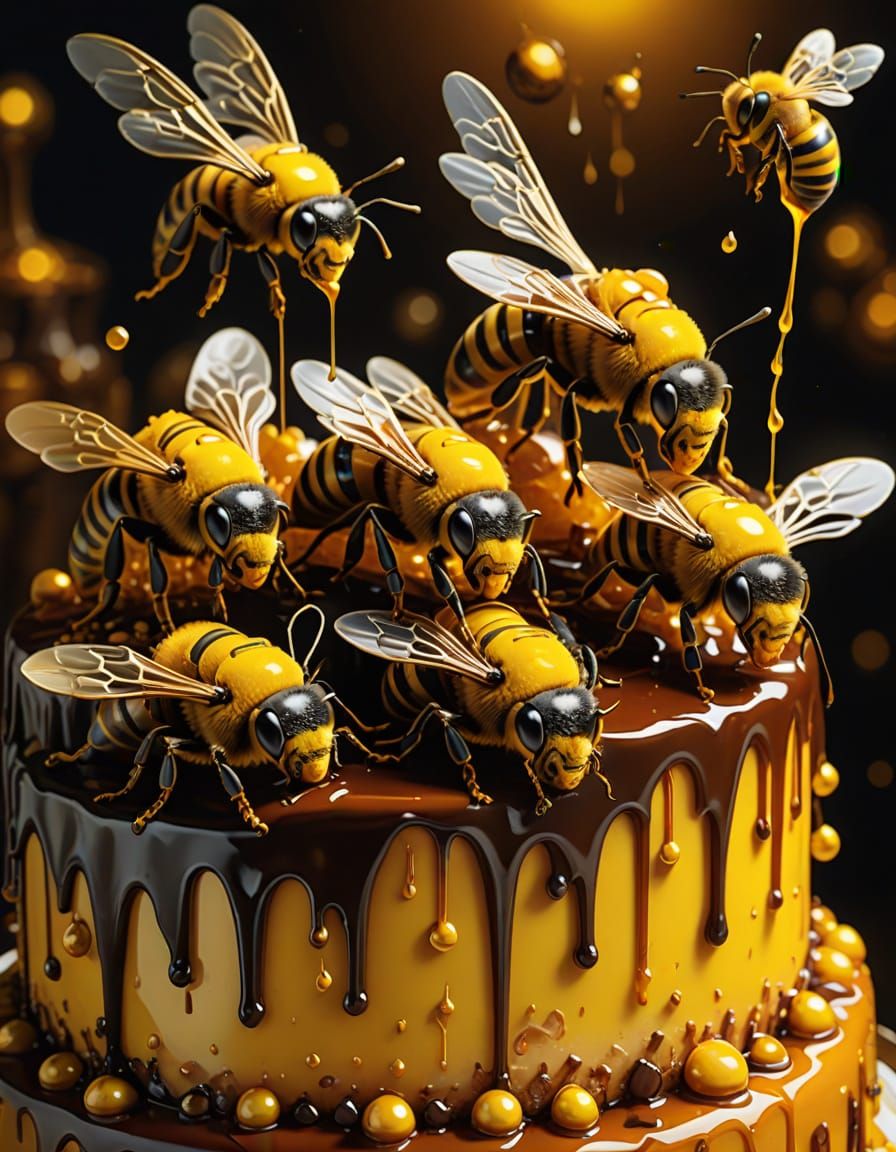 🐝🍰Some chef bees, decorating a delicious honey cake, with chocolate coating!