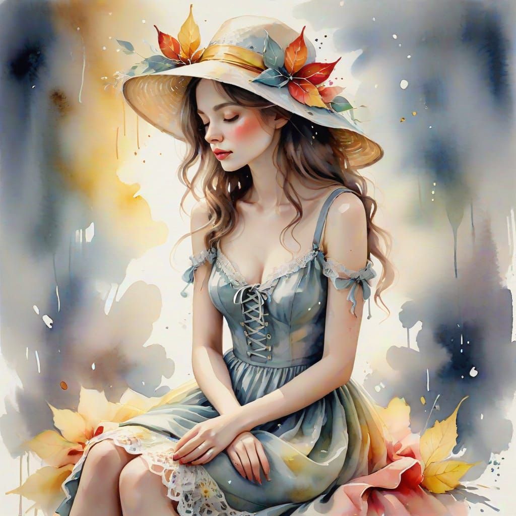 Whimsical Watercolor Portrait of a Mysterious Woman in a Poi...