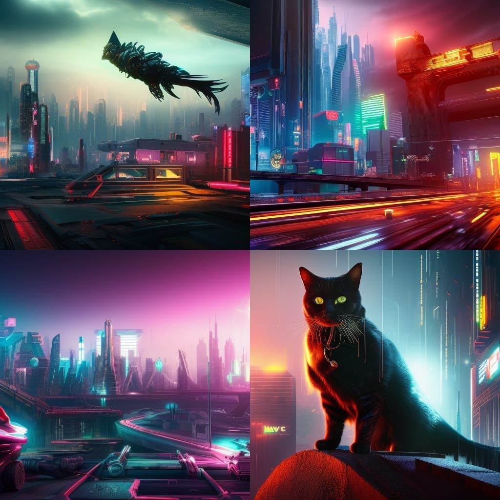 Cat Caught in Time Wave: Cyberpunk Matte Painting