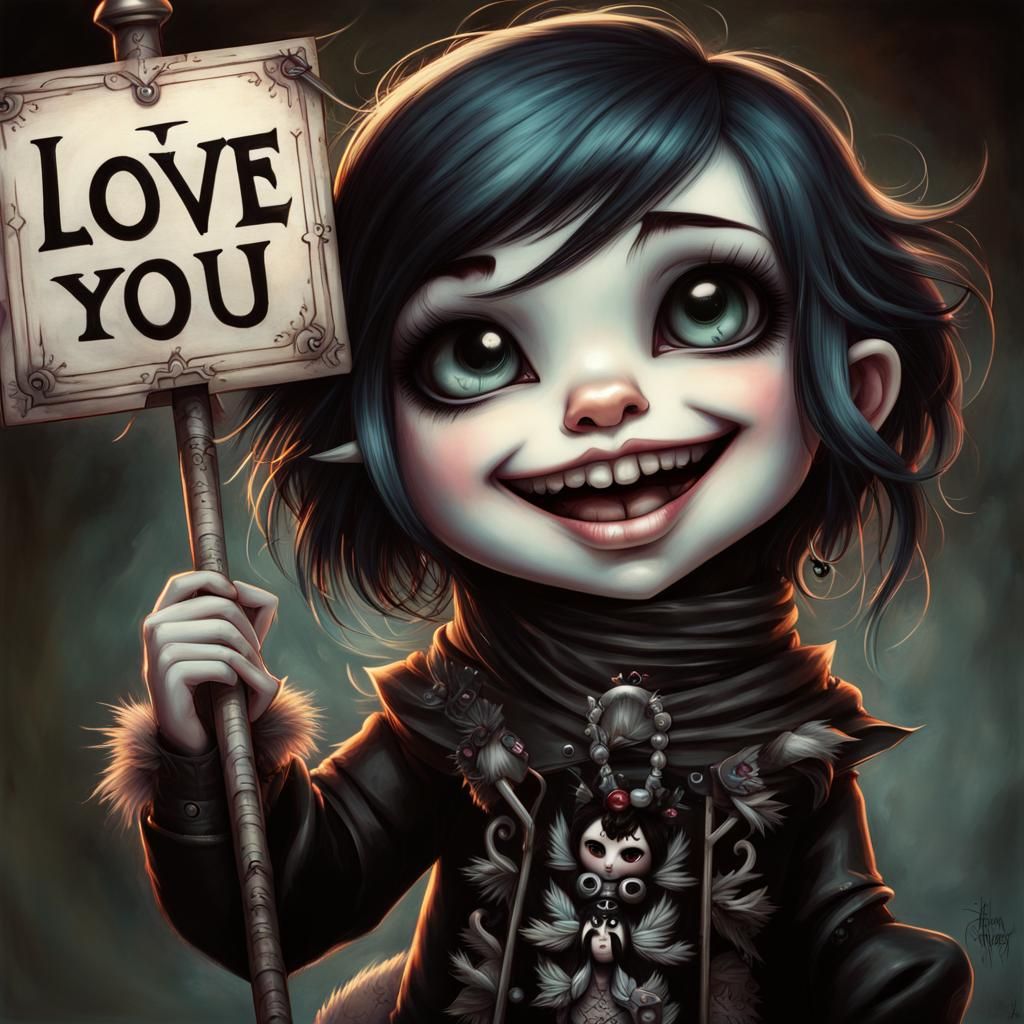 Goth Punk Girl with Sign, in Lowbrow Art Style