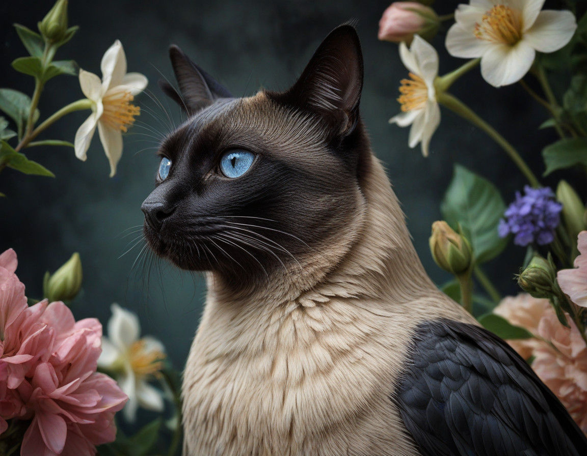 Hyperrealistic Cat-Crow Hybrid in a Blooming Landscape