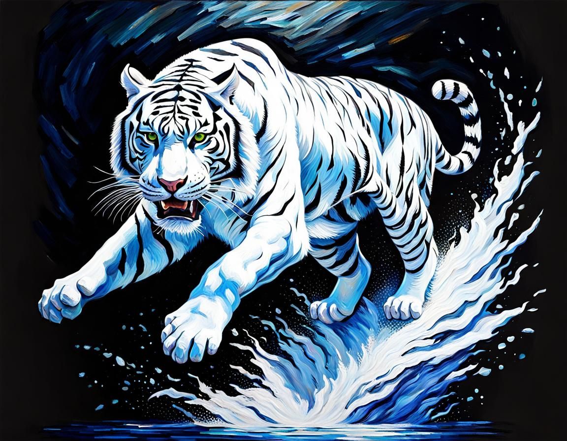 White and Silver Tiger in Expressionist Impasto Style