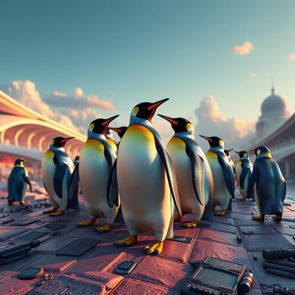 Penguins in a Futuristic Wonderland