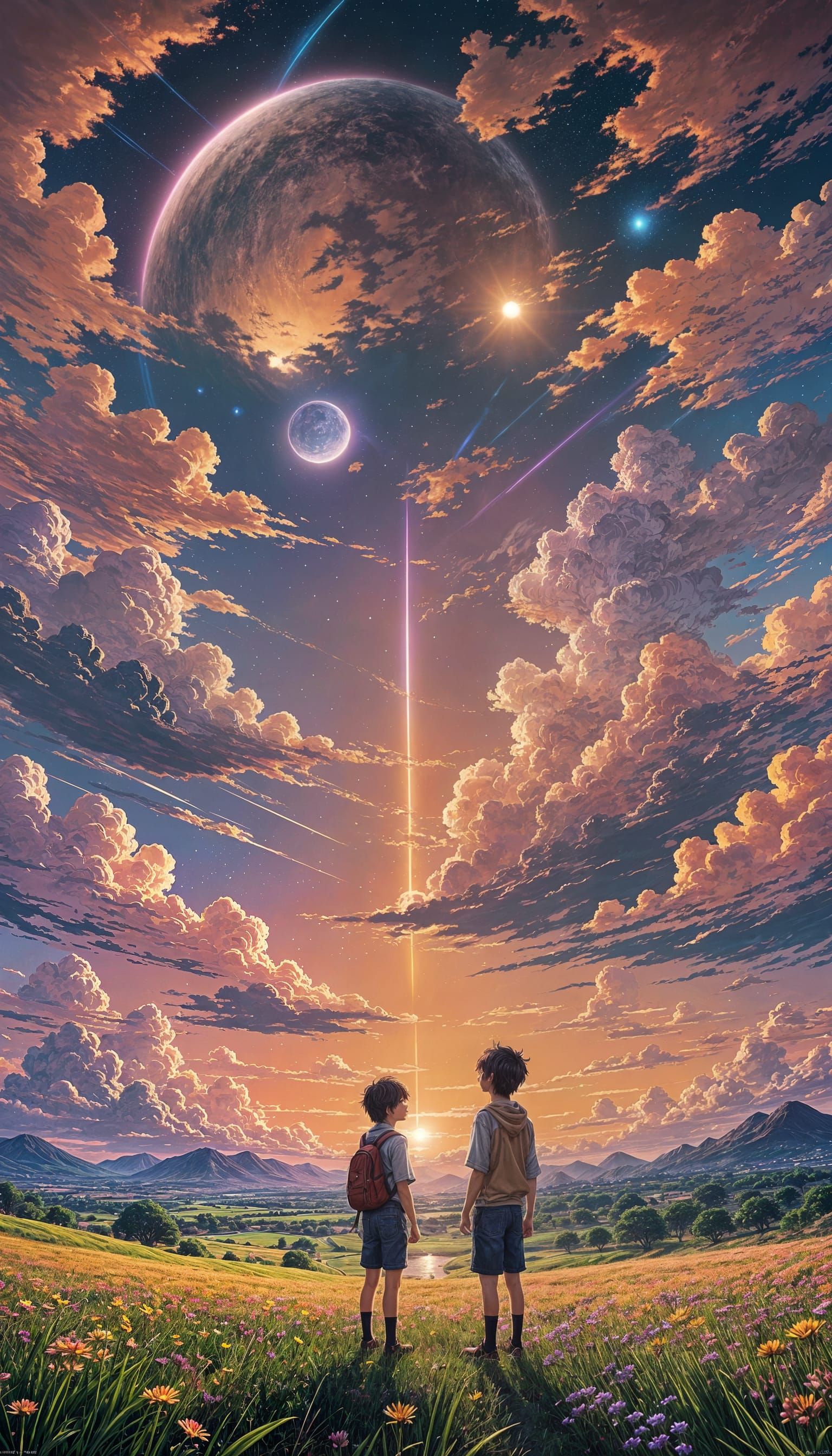 Anime Boy Gazing at Colorful Celestial Sky