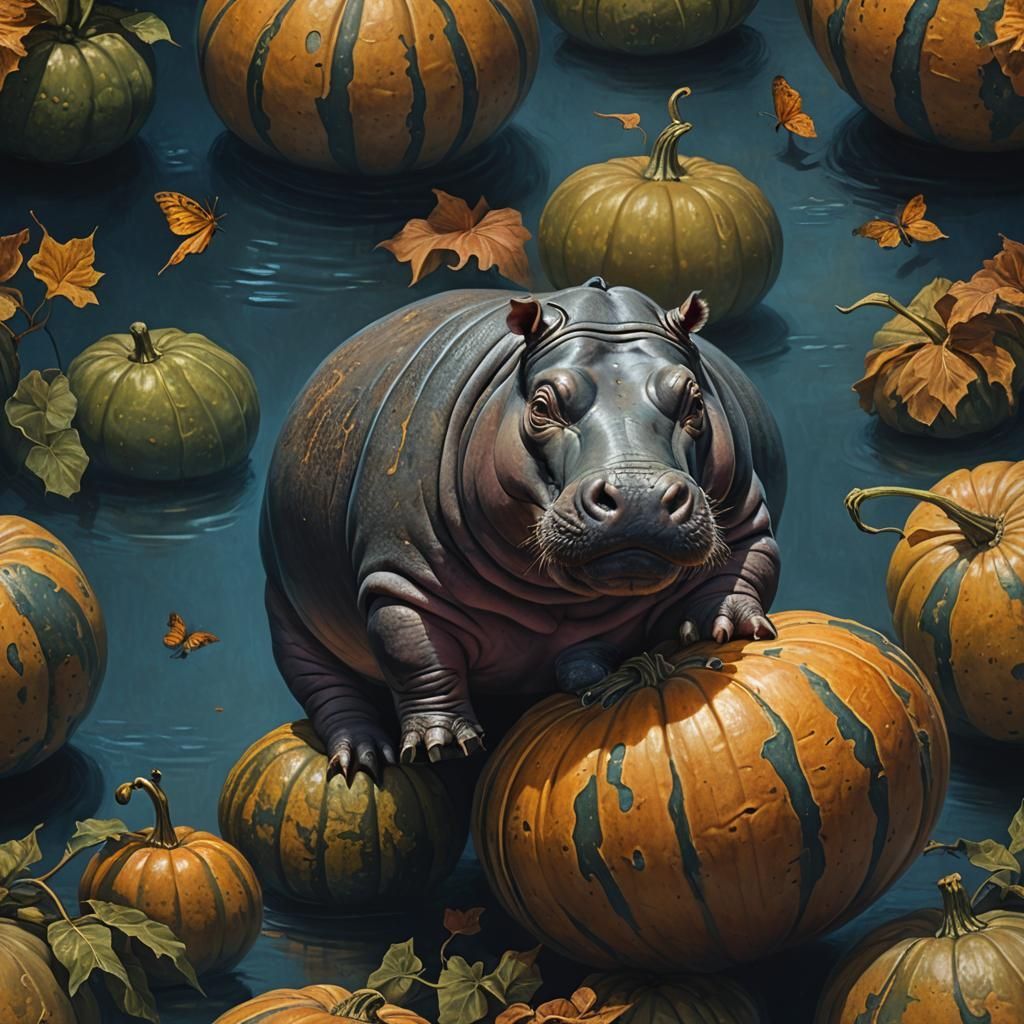 Hippo Standing on Gourd: Hyperrealistic Concept Art