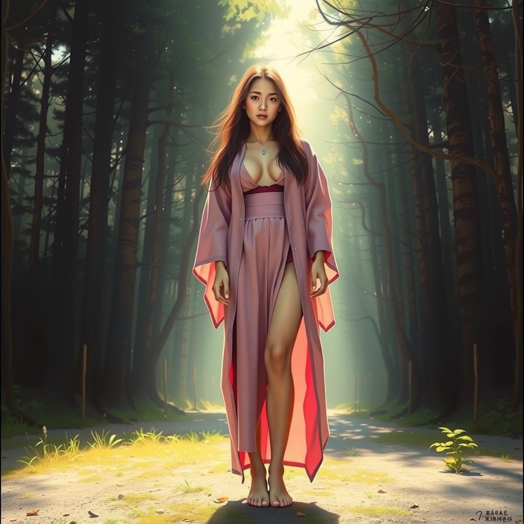 Japanese Kimono Woman in a Forest Glade