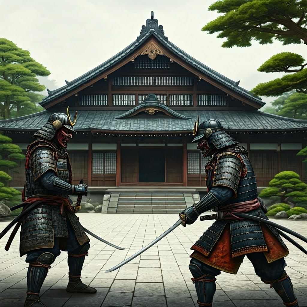Samurai Duel Before Manor in Ukiyo-e Style
