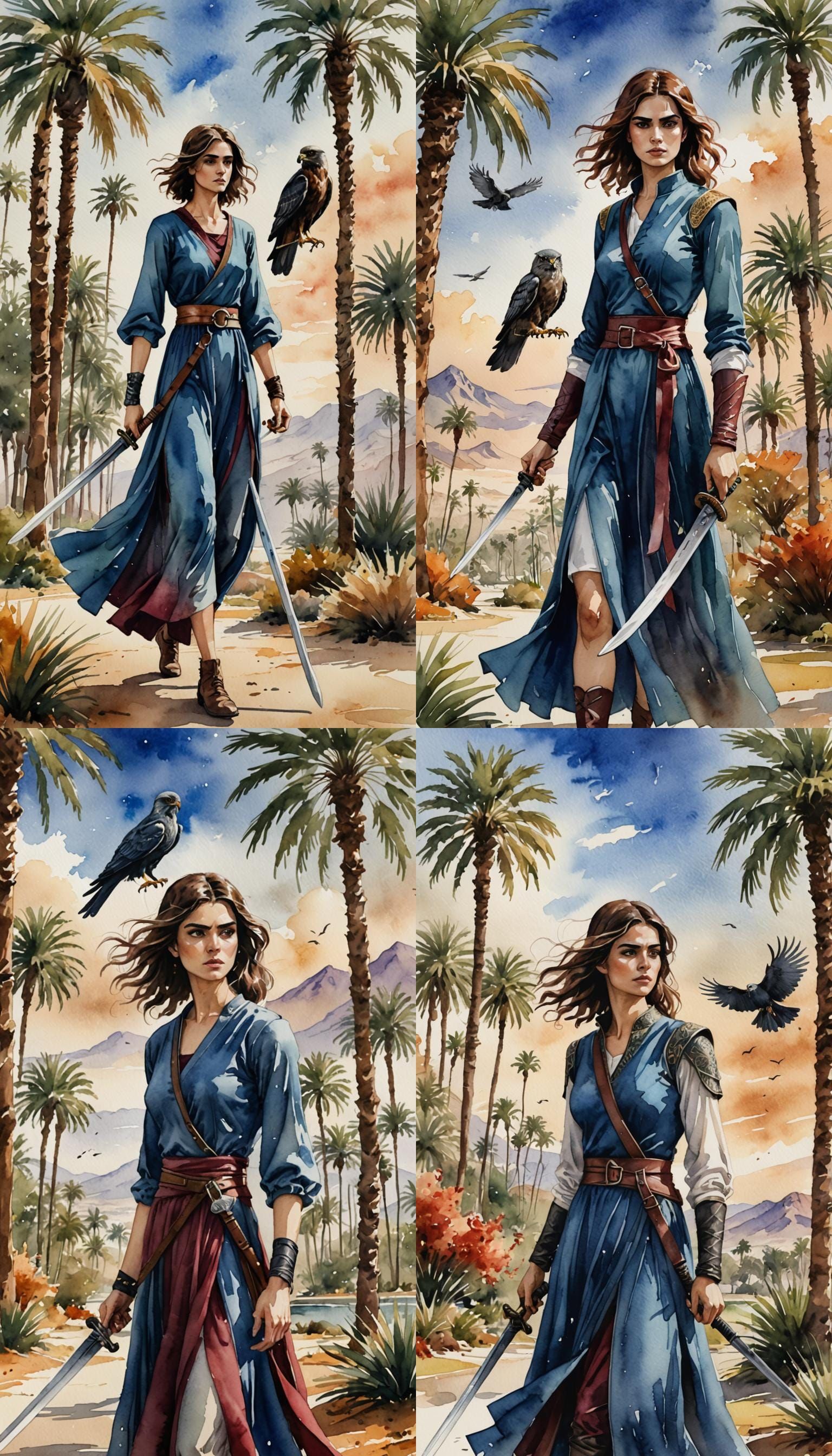Watercolor Page of Swords with Autumn Landscape