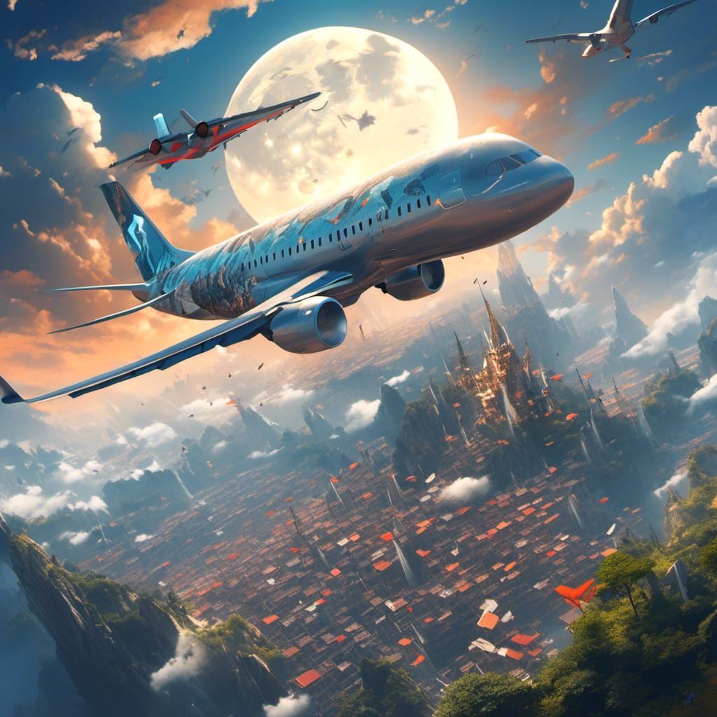 Airplane in Flight Under Silver Moon