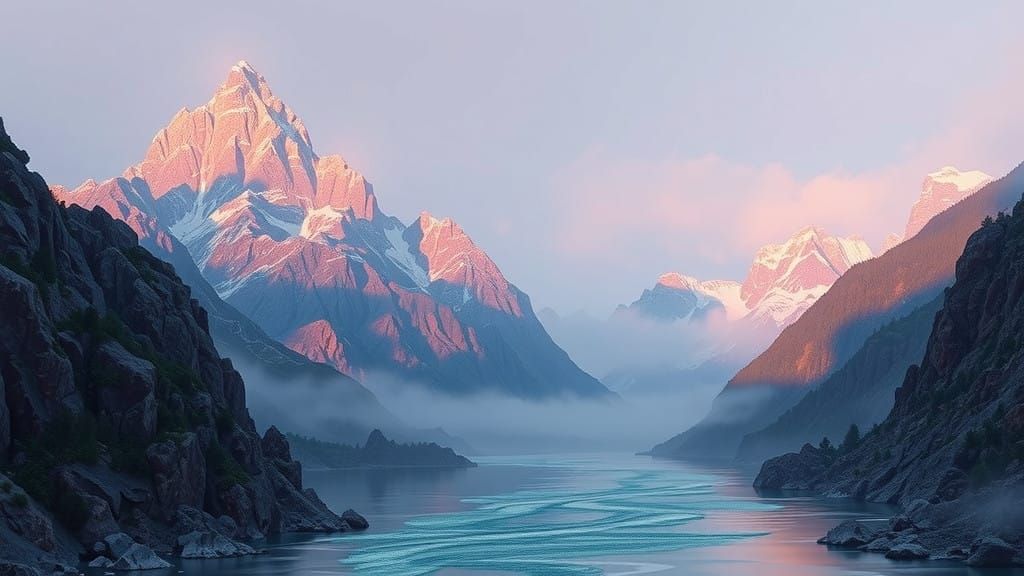 Vibrant Gemstone Mountains with Serene River in a Fantastica...