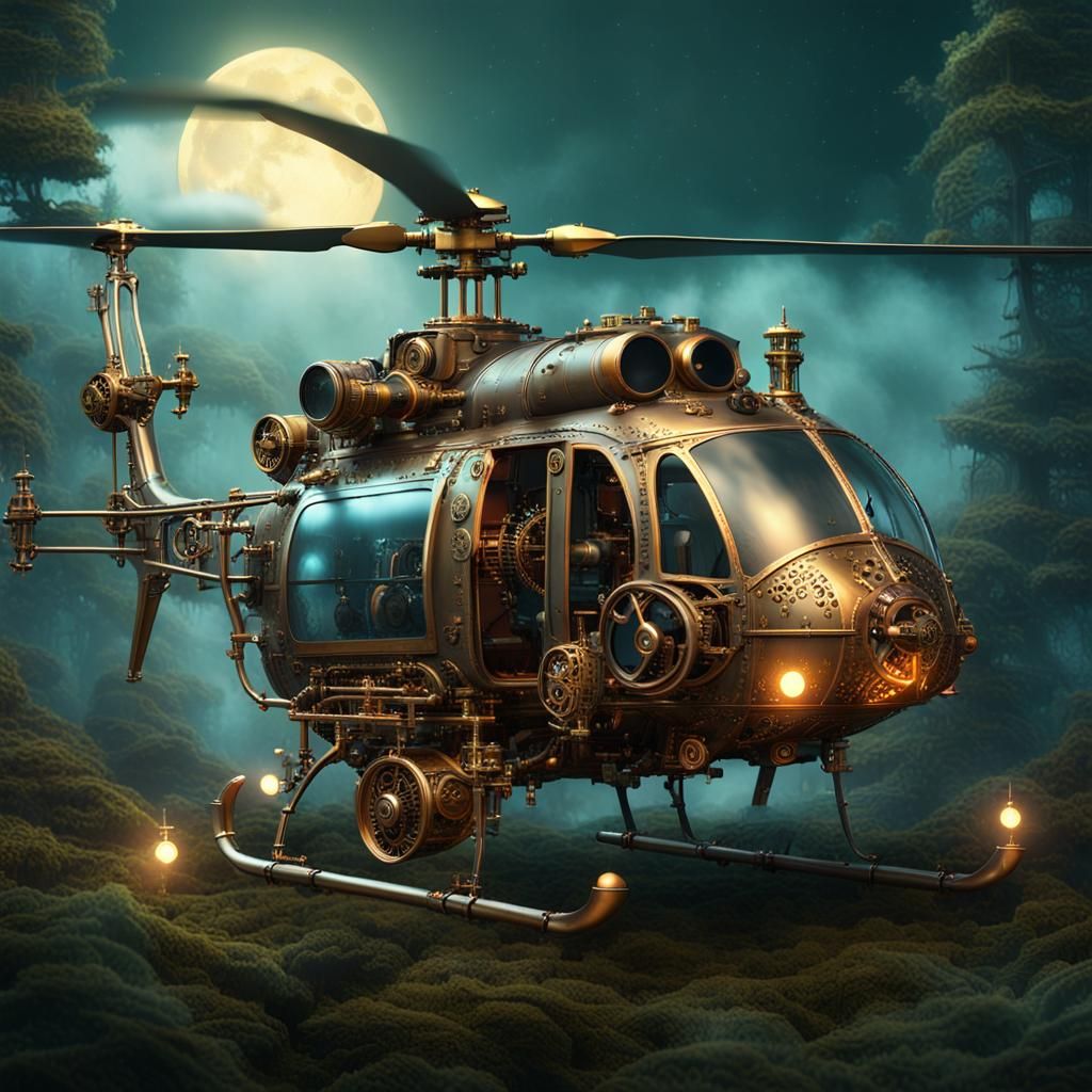 Steampunk Helicopter in Misty Forest, Digital Art