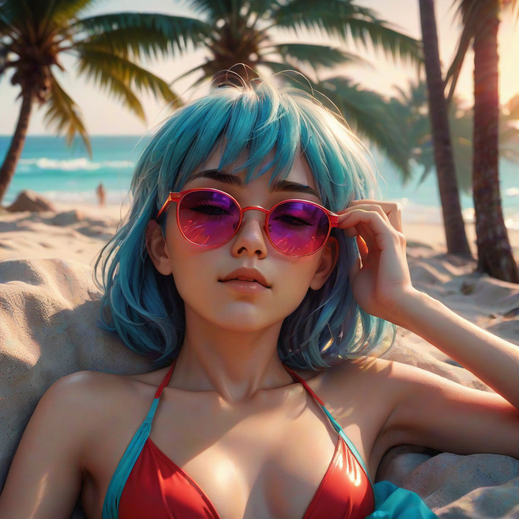 Hyper-realistic Rei Ayanami in Tropical Paradise