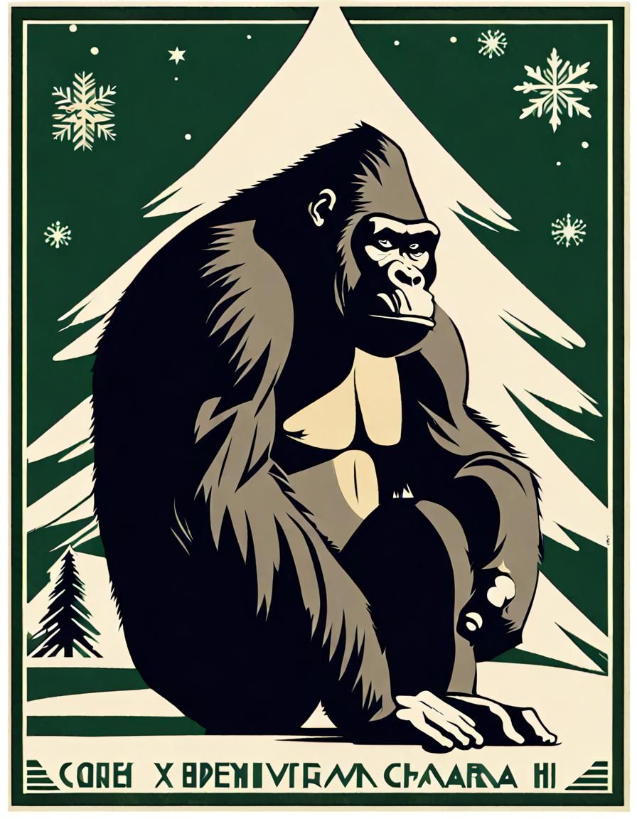Sad Gorilla and Christmas Tree in Art Deco Style