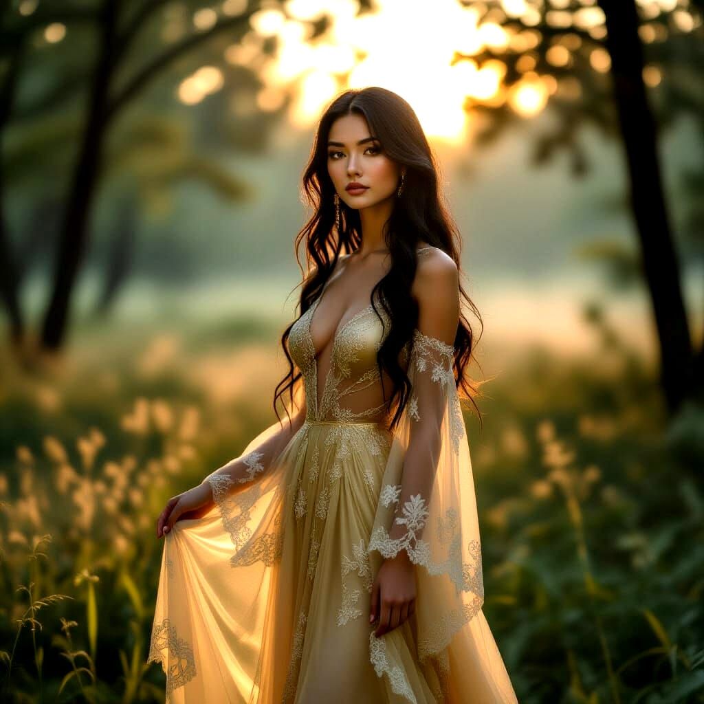 Ethereal Kazakh Woman in Misty Forest Clearing