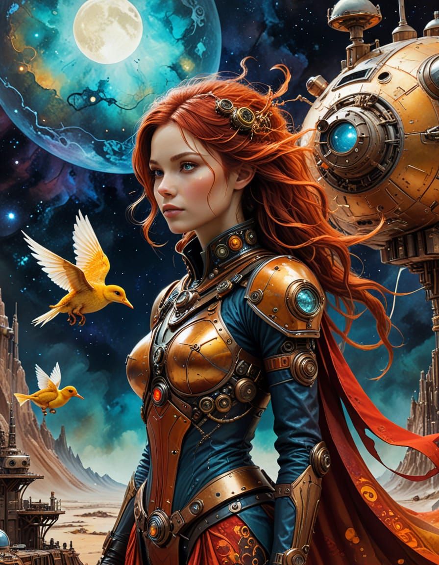 Steampunk Sorceress with Duckling in Surrealist Style
