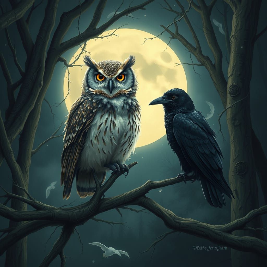 Mystical Moonlit Owl and Raven in Forest