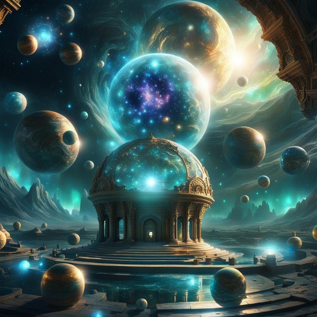 Celestial Space Portal with Glittering Orbs in Digital Paint...