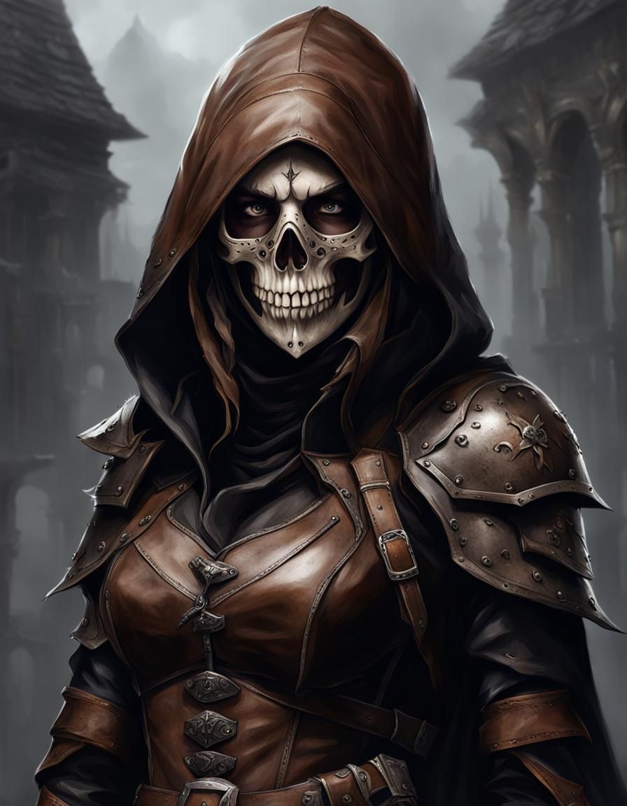 Gothic Female Assassin with Skull Mask in Dark Fantasy Style