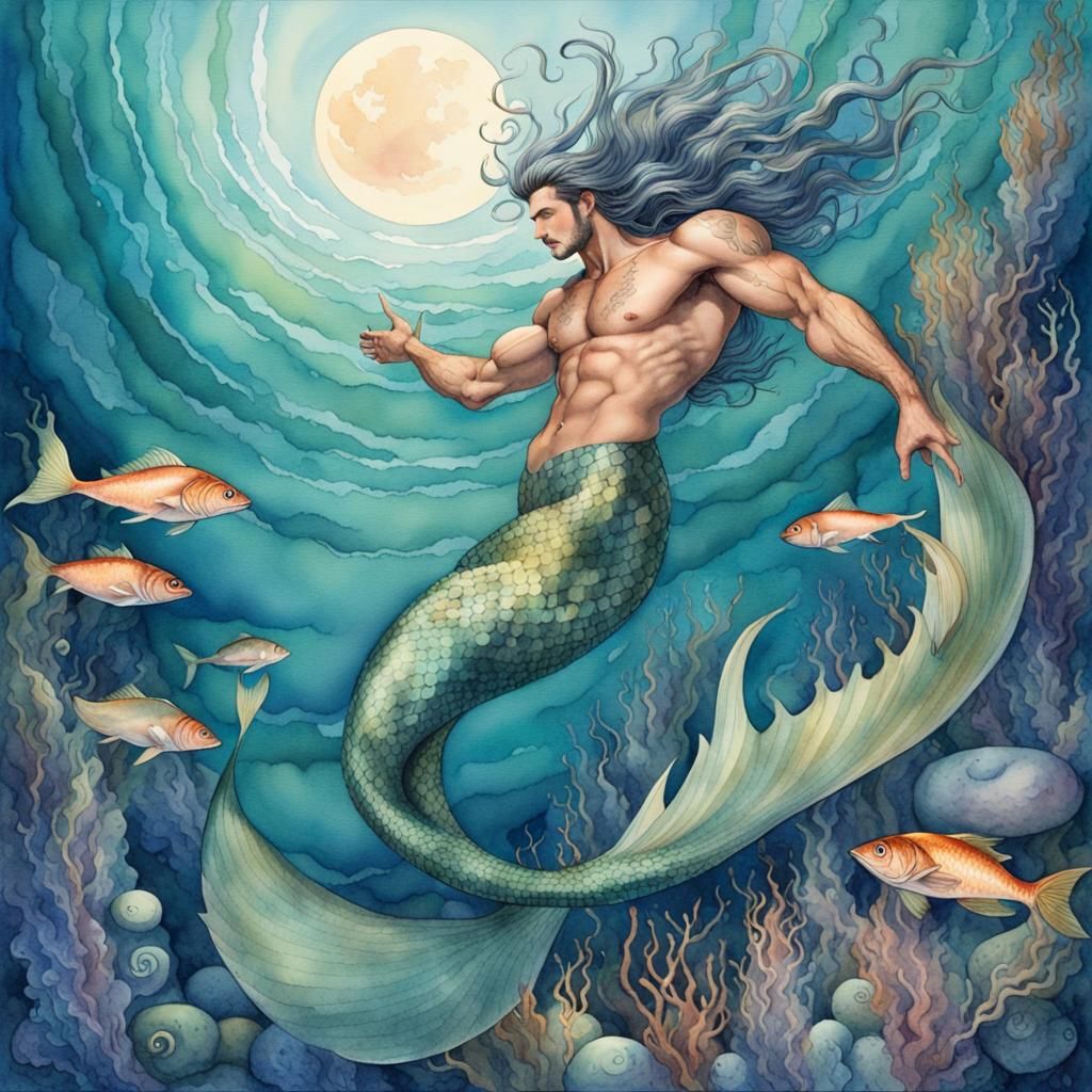 Watercolor Merman Swimming in a Fantastical Ocean
