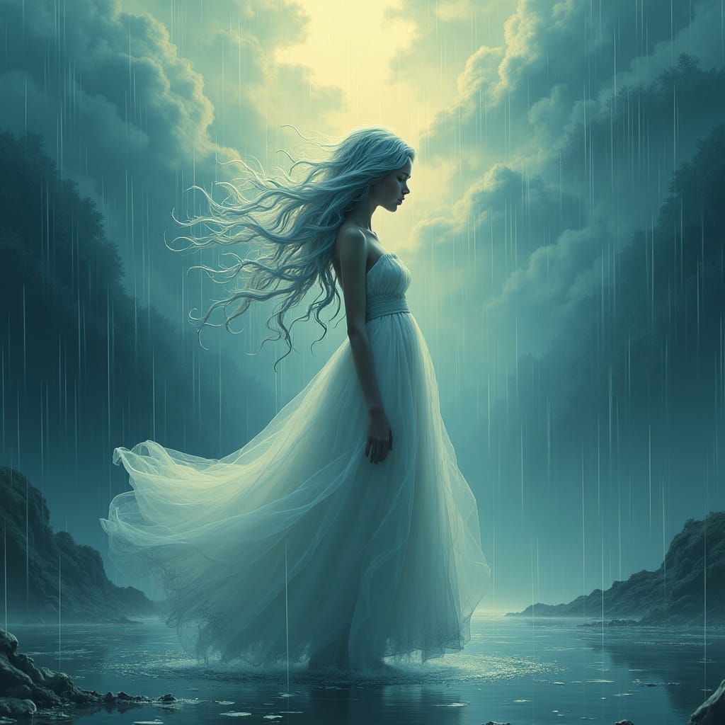 Ethereal Rain Girl in Dreamy Ambiance