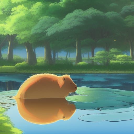 Wholesome Capybaras in Pond: Studio Ghibli Anime