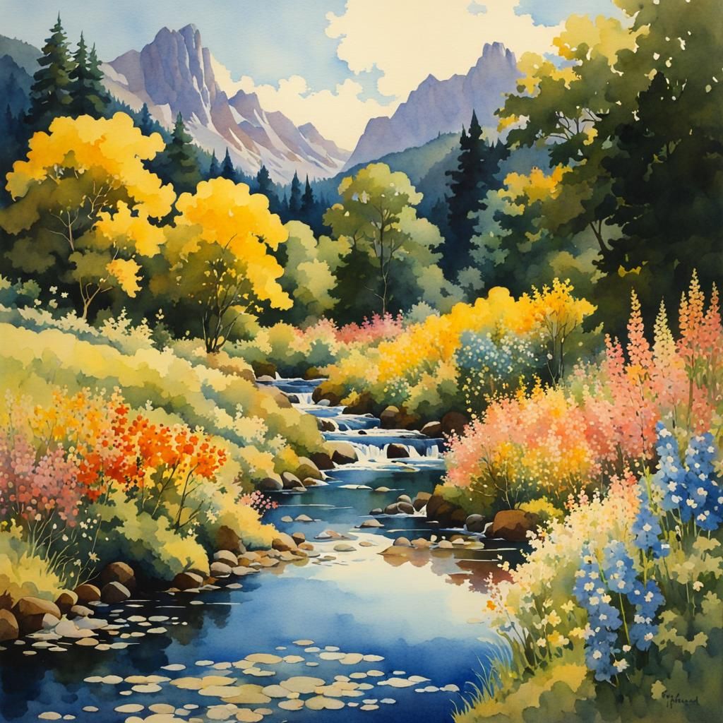 Wildflower Stream Landscape in Parrish Watercolor Style