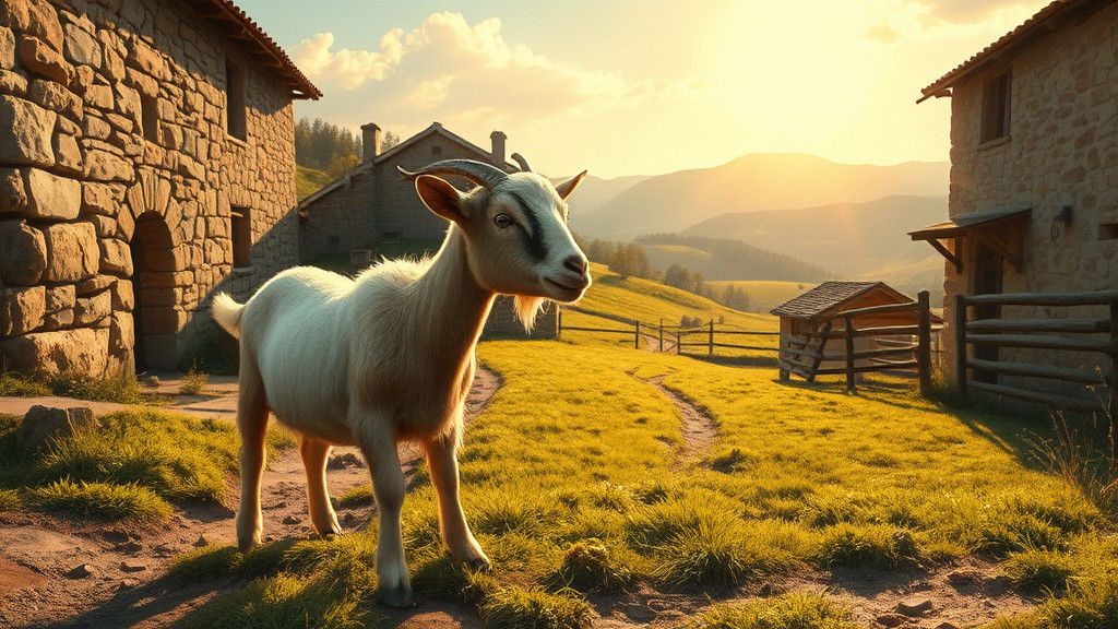 Pygmy Goat in Sun-Drenched Rural Landscape