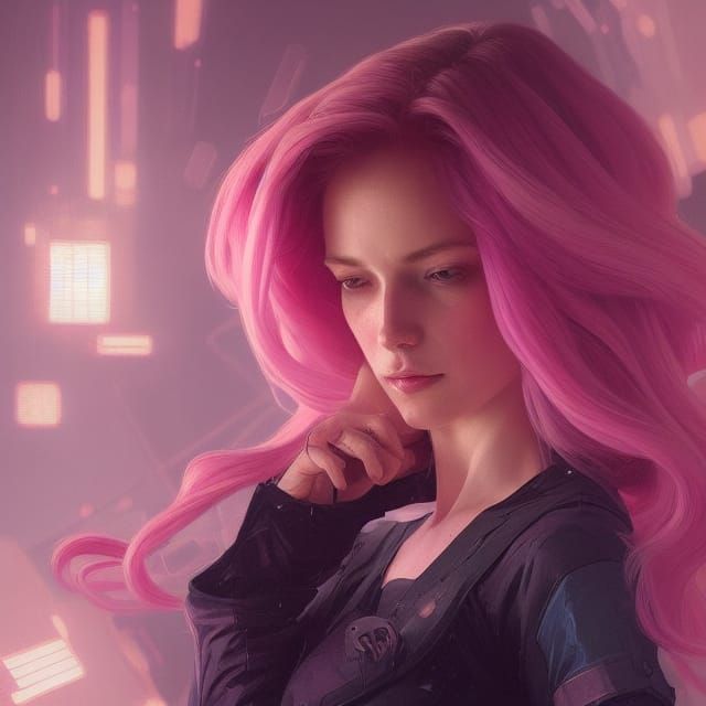 Pink-Haired Woman in Cyberpunk Control Room
